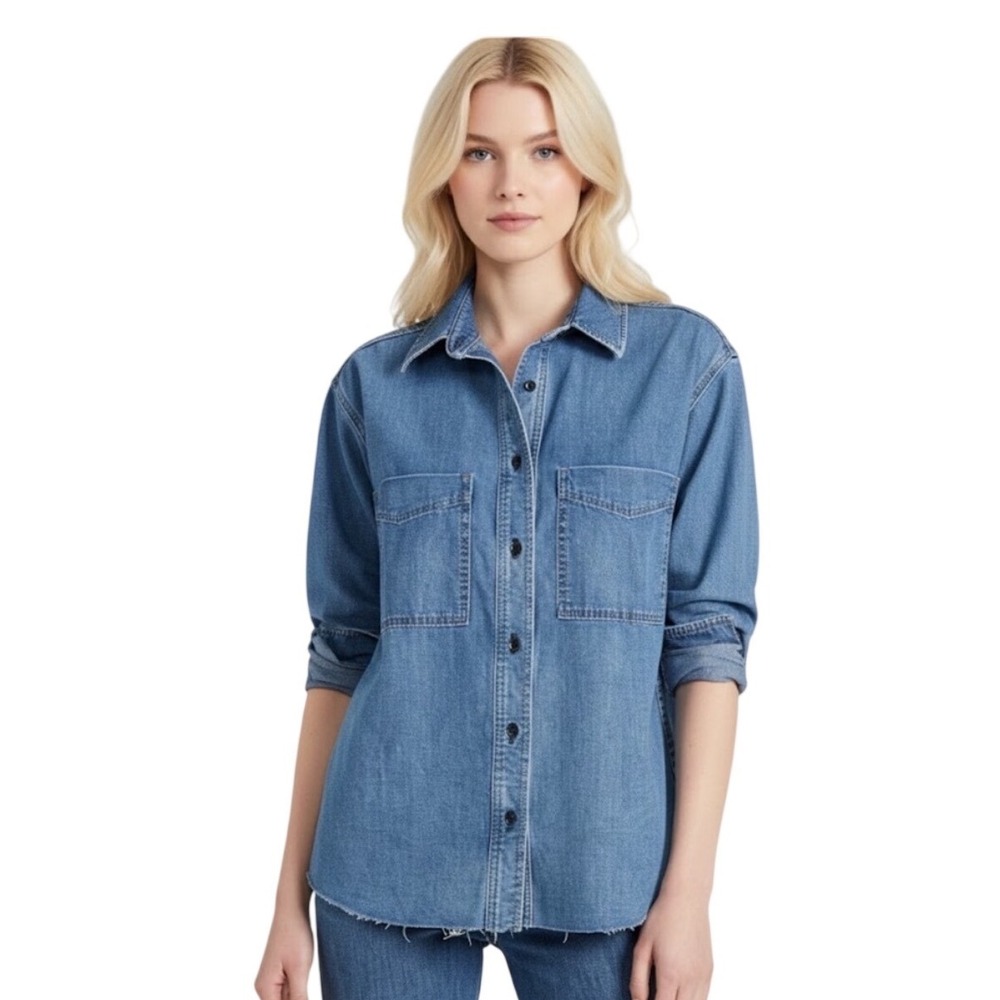 ASKK NY Palm Canyon Denim Shirt Raw Hem Blue Button Down‎ W1A04K640 Size 3
